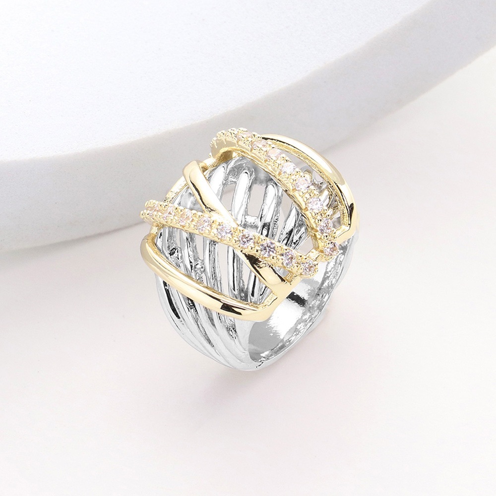 Elegant Two Tone Criss Cross CZ Pave Ring